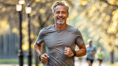 Mann joggt motiviert im Park